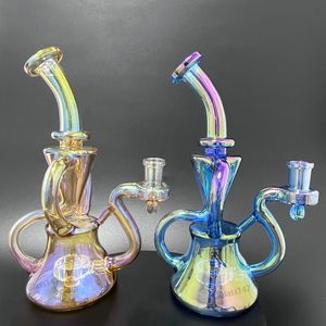 8" Glass Bong Twin Chamber Rainbow Metallic Hookah Glass Bong Dabber Rig Recycler Incycler Pipes Water Bongs joint Size 14mm for smoking shop Art Fashion