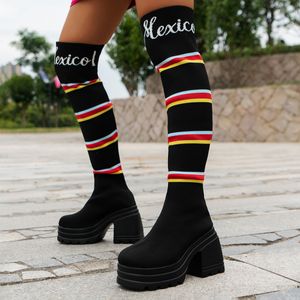 Boot High Heel Thick Sole Boots Winter Breathable Knitting Sock Ladies Thigh Stretch Round Toe Shoes Plus Size 42 230920