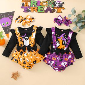 Set di abbigliamento 3 pezzi Vestiti per neonate Stampa zucca Top a maniche lunghe Bretelle Pantaloncini Fasce per capelli Il mio primo costume di Halloween 3 6 12 18M 230919