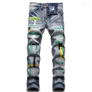 Men's Jeans Blue Fashion Design Men Letters Print Painted Stretch Denim Pants Vintage Slim Tapered Trousers