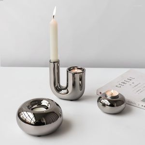Ljusstakar moderna minimalistiska ljus lyxpläterade silver geometriska keramiska ljusstakar bröllop bord hem dekoration kreativa konststycken