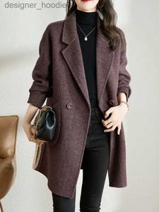 Misturas de lã feminina moda coreana inverno mulher casaco de lã novo elegante e chique jaqueta trespassada feminina vintage casual roupas l230920