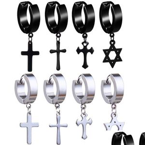 Dangle Chandelier Stainless Steel Cross Star Fake Piercing Earrings Men Hypoallergenic Non-Piercing Clip On Hoop For Women Punk Jewelr Dhr3J