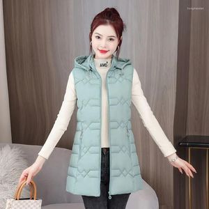 Kvinnors västar 2023 Autumn Winter Vest Waistcoat Women Parkas Lång huva ärmlös ner bomullsjacka tjocka varma kvinnliga toppar