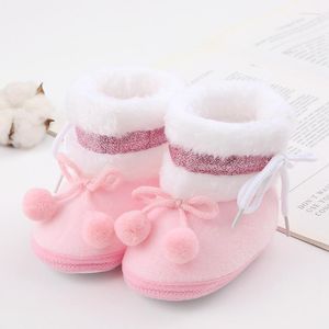 Boots Baby Cute Thickened Plush Flat Shoes Infant Girls Boys Bobbles Bow Non-Slip Soft Sole First Walker Winter Warm Crib