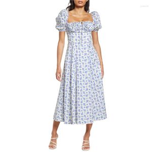 Casual Dresses Xingqing Floral Midi Dress For Women Y2k Square Neck Puff Short Sleeve High Waist Vacation Bohe Party Beachwear