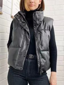 女性Sベスト秋の冬のファッションストリートウェアレディースふくらんでいるベストブラックPUレザージャケットコートアウトウェアパフスリーブレス230920