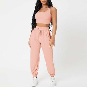 Calças femininas de duas peças senhoras colheita tanque superior joggers definir cintura elástica algodão casual camisa ternos sem mangas cor sólida fino ajuste desportivo