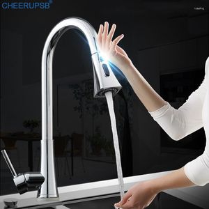 Kökskranar Touch Faucet Sensor Dra ner Stream Water Flexibelt kran Däck monterat Batteri 360 Rotation Lyxiga koppar TAPS K09