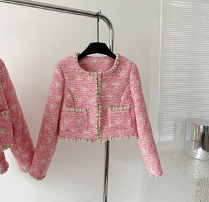 Kadın Ceketleri Pist Tasarımı Sonbahar Bahar Pembe Tüvit Ceket Moda Kadınlar O Boyun Sequin Yünlü Dokunma Püskül Cep Kısa Hırka Dış Giyim 230919