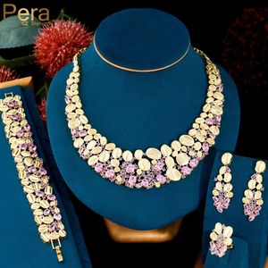 Hochzeit Schmuck Sets Pera Magnificent 4 Stücke Rosa Blau CZ Indische Gold Farbe Luxus Braut Halsband Halskette Ohrringe für Frauen J524 230920