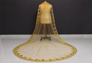 Real pos uma camada de lantejoulas borda do laço ouro 3 metros catedral véu de casamento com pente lindo véu de noiva nv70986414555