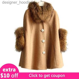 Women's Wool Blends MAOMAOKONG New Autumn Women Cape Poncho Coat Jacket Natural Real Raccoon Fur Collar Woolen Shawl Cloak Female Clothing L230920