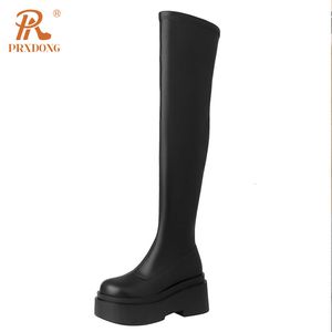 Boots PRXDONG INS 2023 Fashion Autumn WInter Warm Shoes y Heels Platform Black White Dress Casual Over The Knee Stretch 230920