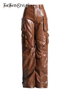 Women s Pants s TWOTWINSTYLE Streetwear Leather Spliced Pockets For Women High Waist Patchwork Zipper Solid Cargo Wide Leg Pant Female 230920