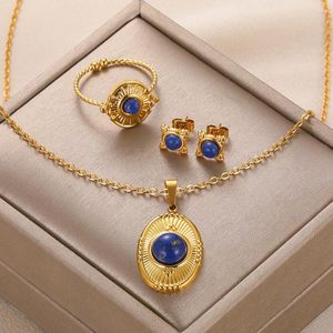 Halskette Ohrringe Set Edelstahl Für Frauen Vintage Oval Blau Ohrring Gold Farbe Ringe Ästhetischer Naturstein Schmuck