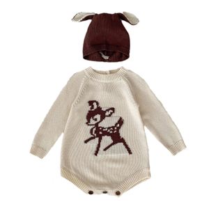 Pagliaccetti Cartoon Deer Lavorato a maglia Tuta da bambino per Ragazzi Ragazze Primavera Autunno Pagliaccetto nato con cappello Tutina da neonato coreana Tutina da bambino 230919