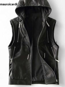 Herrjackor Mauroicardi Spring Autumn Luxury Elegant Cool Black Pu Leather Vest för män med Hood Dxhets blixtlösa ärmlösa jackor Mänkläder 2023 J230920