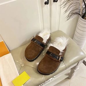 Luis Vuittons Suede Top-quality Mules Women Slippers Plush Leather Fur Thermal Slides Indoor Flats Bottomed Buckle Decorative Loafers