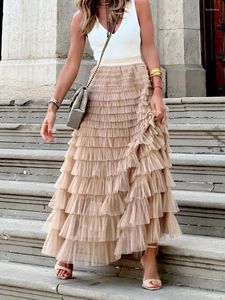 Skirts 2023 Women Layered Ruffles Long Skirt Office Lady Elegant Casual Vintage Maxi Dresses Party Beach Summer Pleated Solid