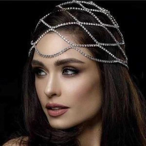 Hårklipp europeiska och mesh huvudbonad tillbehör brud bröllop kristall kedja smycken sexigt utsökt huvud