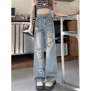 Calças femininas capris mulheres soltas calças jeans casuais streetwear outono coreano buraco quebrado cintura alta lavada perna larga maxi jeans 230920