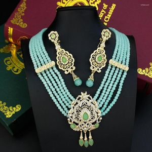 Necklace Earrings Set Sunspicems Arabian Hand Bead Jewelry For Women Green Crystal Pendant Moroccan Imitation Pearl Long Drop Earring