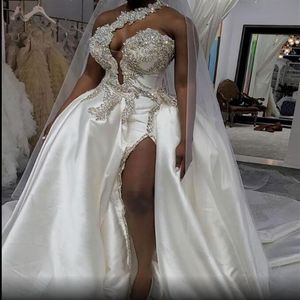 Crystals High Split Wedding Dresses One Shoulder Bridal Gowns Sexy Satin Sweep Train Custom Made Robe de mariee342S