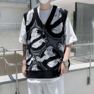 Men's Vests Fashion Graffiti Printed Knitted Sweater Sleeveless Vest Loose Causal High Street Sweaters Outerwear Male Clothes
