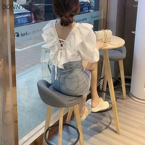 Women's Blouses Women Tender Ruffles V-neck Puff Sleeve Summer All-match Fashion Tops Casual Harajuku Daily Camisa De Gasa Retro Mature