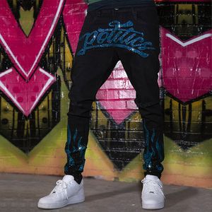 Men's Jeans Quilted Embroidered jeans Skinny Ripped Grid Stretch Denim Pants MAN Elastic Waist Patchwork Jogging Trousers 230919