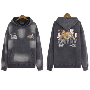 Men's Hoodies Vintage Tiger Old Printed Hoodie High Street Hip Hop Casual Fading and Dirty Treatment Wash Water Sweater