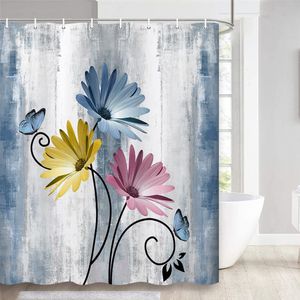 Shower Curtains Teal Large Daisy Floral and Butterfly Shower Curtain Turquoise Bathroom Curtain Waterproof Bathroom Decoration With Hooks 230919