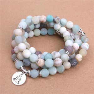 Beaded Strands Fashion Women Bracelet Matte Frosted Amazonite Beads With Lotus OM Buddha Charm Yoga Mala Necklace290r