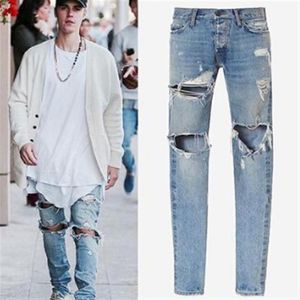 Herren Distressed Blue Denim Jeans Mode Straße Schlanke Lange Hosen Hosen Herren Hip Hop Ripped Holes Jeans260T