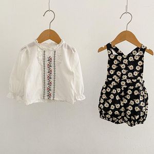 Conjuntos de roupas nascidos bebê meninas conjunto manga longa camisa bordada impressa suspensórios primavera outono criança menina roupas terno