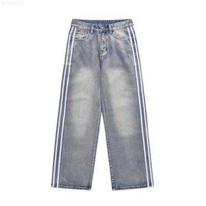 High Street Washed Old Sticker Fabric Ribbon Embroidered Jeans, Unisex Fashion Brand Loose Wide Leg Straight Pants1ise