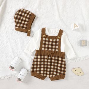 Rompers Baby Boy Girl Sleeveless Knit Hats Clothes Sets Casual Plaid born Infant 2pcs Jumpsuits Outfit 018m Children 230919