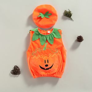 Kläder sätter 2st Baby Boys Girls Fall Halloween Clothes Orange Pumpkin Embroidery Mönster ärmlösa Vest Tops och Shape Cap Outfit 230919