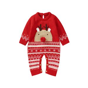 Strampler Gestricktes Acryl Langarm Rot Weihnachten Rentier Print geborenes Baby Jungen Mädchen 018M Kleinkind Frühling Herbst Body 230919