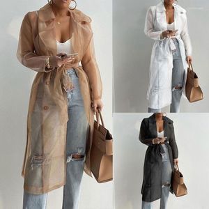 Women's Trench Coats Fashion Women Sexy Sheer Mesh Long Sleeve Buttoned For Jacket Casual Outerwear Lace Up Swimsuit Cover-u