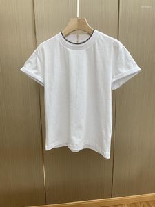 Women's T Shirts Women T-Shirt Bead Chain Rolled Short Sleeve Casual Tees