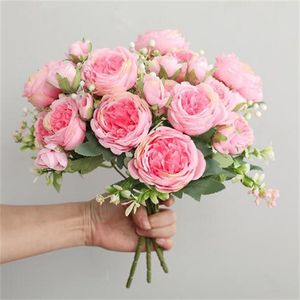 30 cm Rose Pink Silk Bouquet Peony Artificial Flower 5 Big Head 4 Small Bud Bride Wedding Home Decoration Artifical GC2315