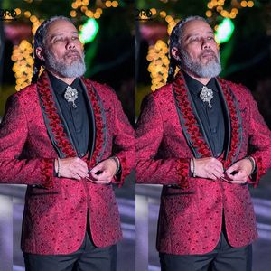 Dunkelroter Bräutigam trägt Herren-Hochzeits-Smoking, 3D-Blumen-Schal-Revers-Jacke mit schwarzer Hose, 2-teilige Business-Abschlussball-Party-Anzüge