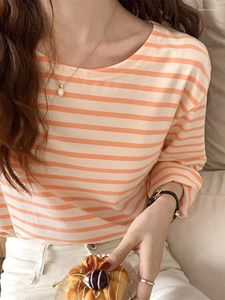 Camisetas femininas moda coreana listrada camiseta outono manga longa top solto casual algodão feminino azul laranja S-XL