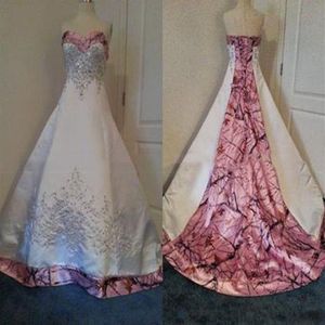 Vintage rosa camo vestidos de casamento querida gótico rendas espartilho superior renda frisado bordado país vestido de noiva mais size246g