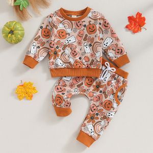 Conjuntos de roupas Vintage Criança Crianças Bebê Meninos Meninas Halloween Roupas Fantasma Abóbora Arco-íris Imprimir Manga Longa Moletons Calças de Cordão 230919