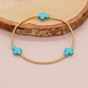 Link-Armbänder, Bohemian-Stil, Sommer, Strand, Türkis, Kreuz, Charm, Pulsera, Damen, handgefertigt, Stretch, Paar, Geschenk, Modeschmuck, vergoldete Perle