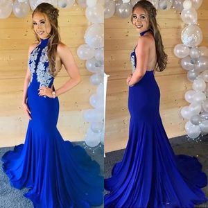 Evening Dresses Royal Blue Prom Party Gown Mermaid High Neck Chiffon Applique Backless New Custom Plus Size Zipper Lace Up