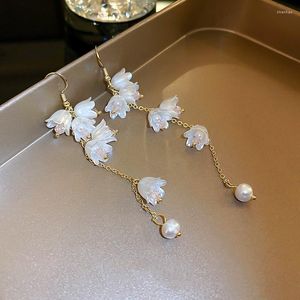 Baumelnde Ohrringe, modisch, fein, 14 Karat echtes Gold, vergoldet, Orchideenblume, Perle, Fransen, Tropfen für Frauen, Mädchen, Schmuck, S925-Silbernadel, Geschenk